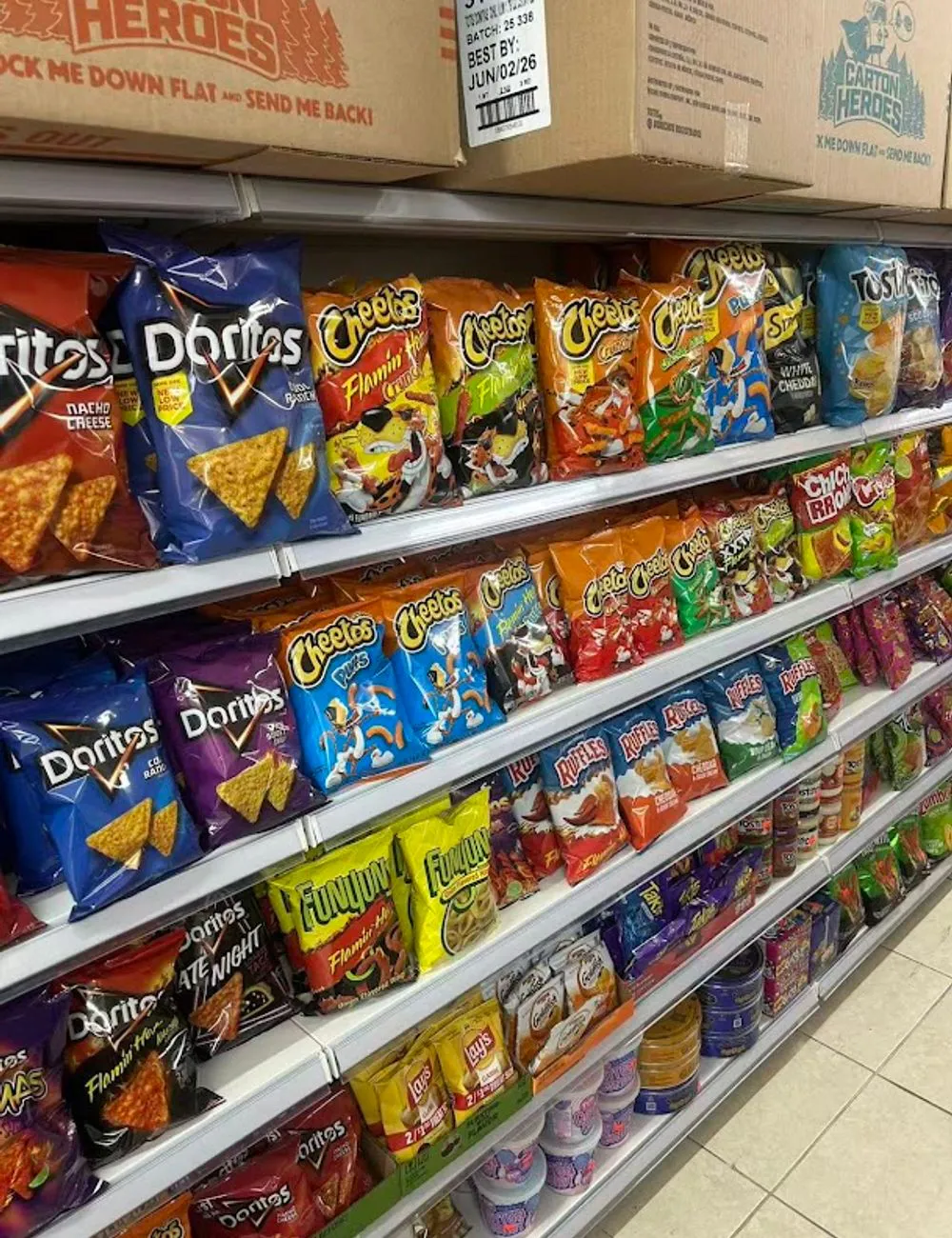 Shelves stocked with snack chips at 105 Mini Market, a Japanese Restaurant in Corona